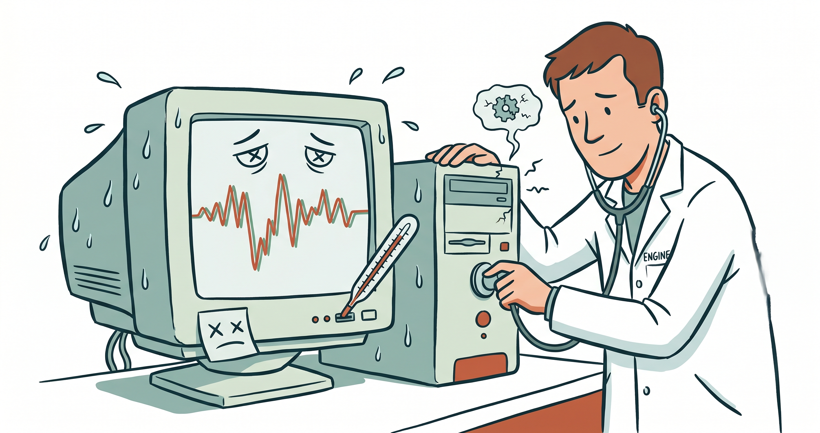 Cartoon of a sick CRT computer - sweaty, droopy-eyed, showing a distorted waveform on its screen - being examined by an engineer in a white coat with a stethoscope